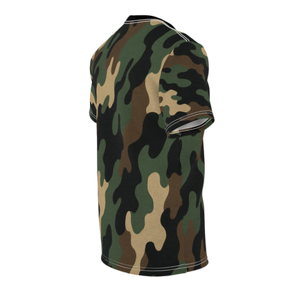 Printify woodland camouflage all-over print tee featuring classic camouflage pattern on a comfortable casual shirt.