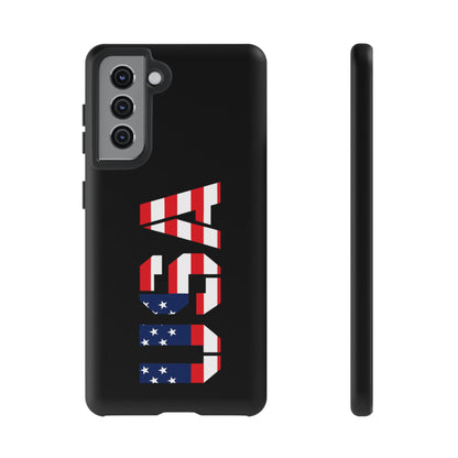 Patriotic American flag phone case by Printify, tough protective cover with bold red, white, and blue stars and stripes design.