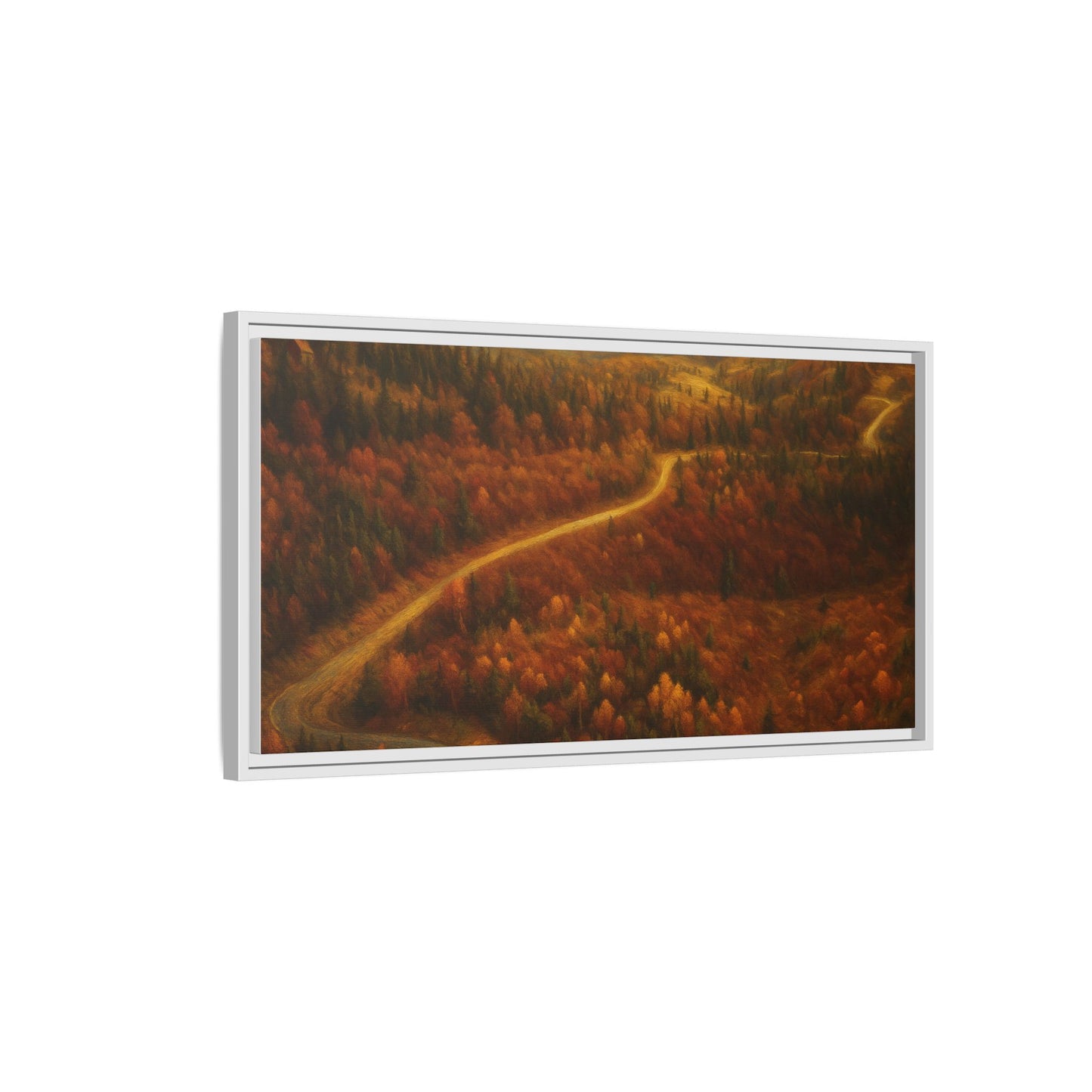 Framed matte canvas print of autumn forest road landscape wall art by Printify, featuring vibrant fall foliage and scenic nature views.