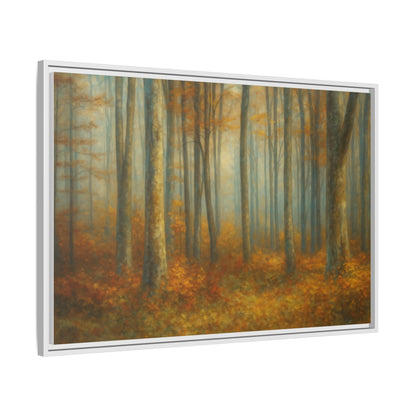 Framed autumn forest canvas print featuring misty woodland scene, wall art by Printify with natural colors and detailed forest imagery.