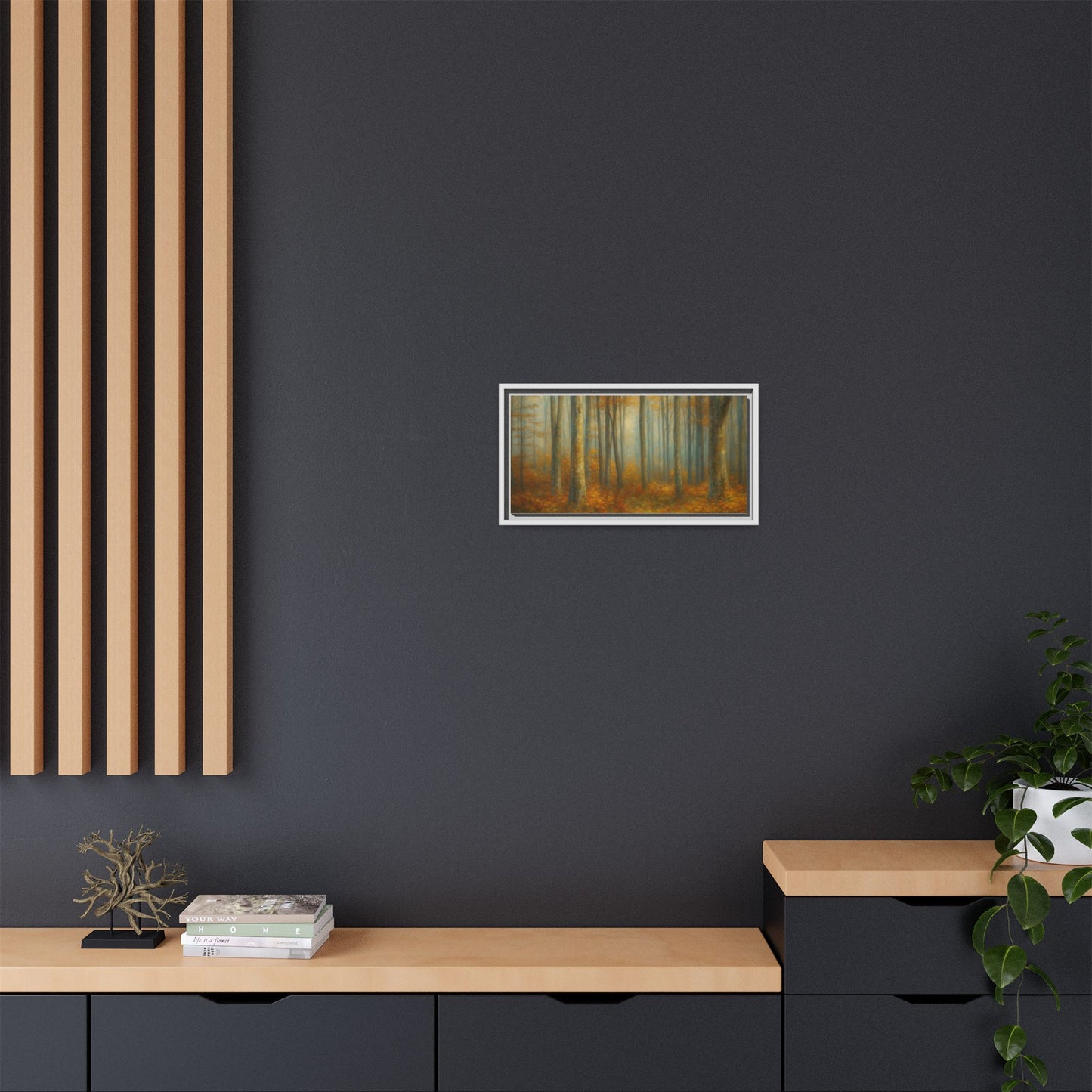 Framed autumn forest canvas print featuring misty woodland scene, wall art by Printify with natural earth tones and detailed trees.