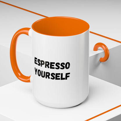 Printify Espresso Yourself coffee mug with humorous "Espresso Yourself" design, 11 oz ceramic mug for coffee lovers.