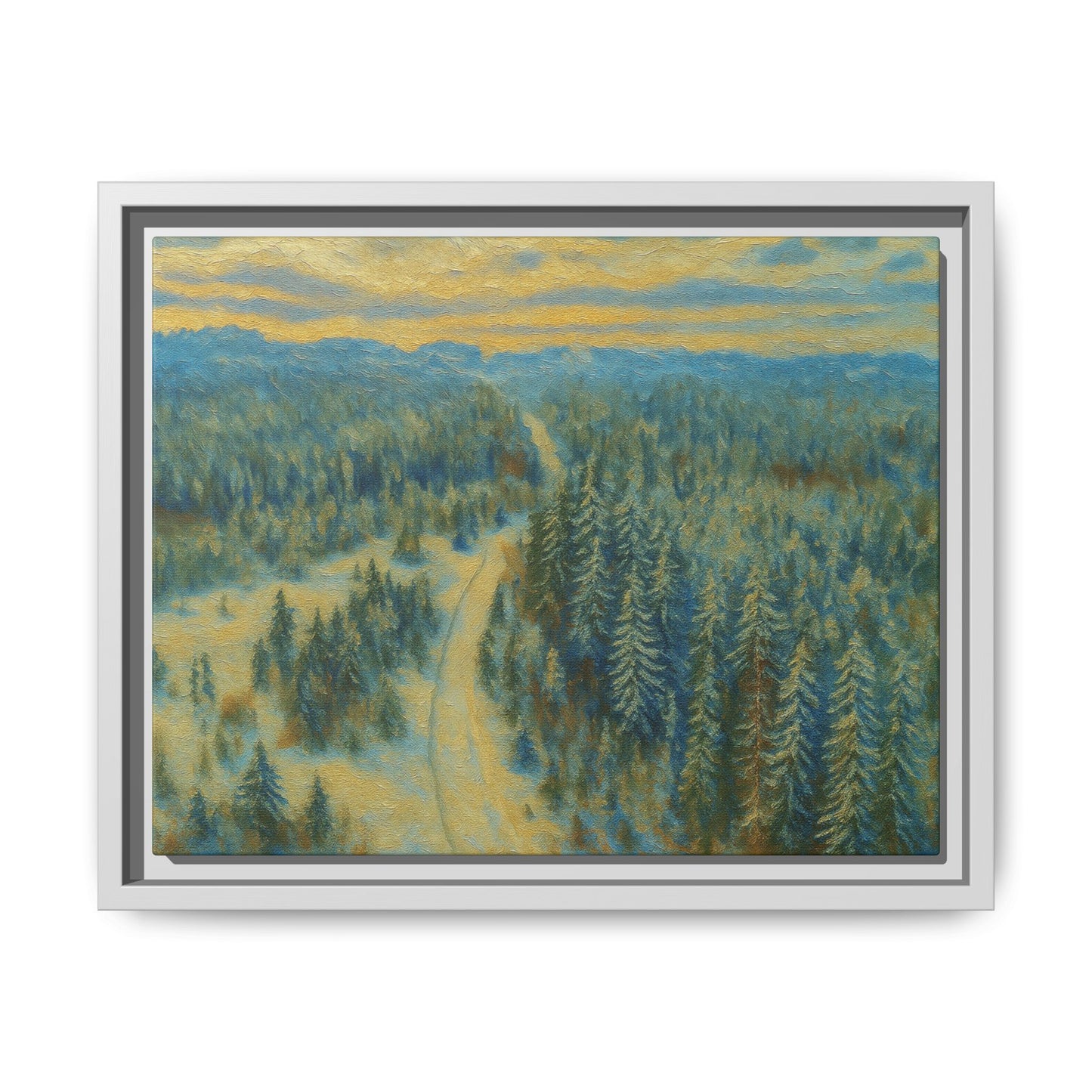 Framed matte canvas print of a serene winter forest landscape by Printify, showcasing snow-covered trees and peaceful scenery.