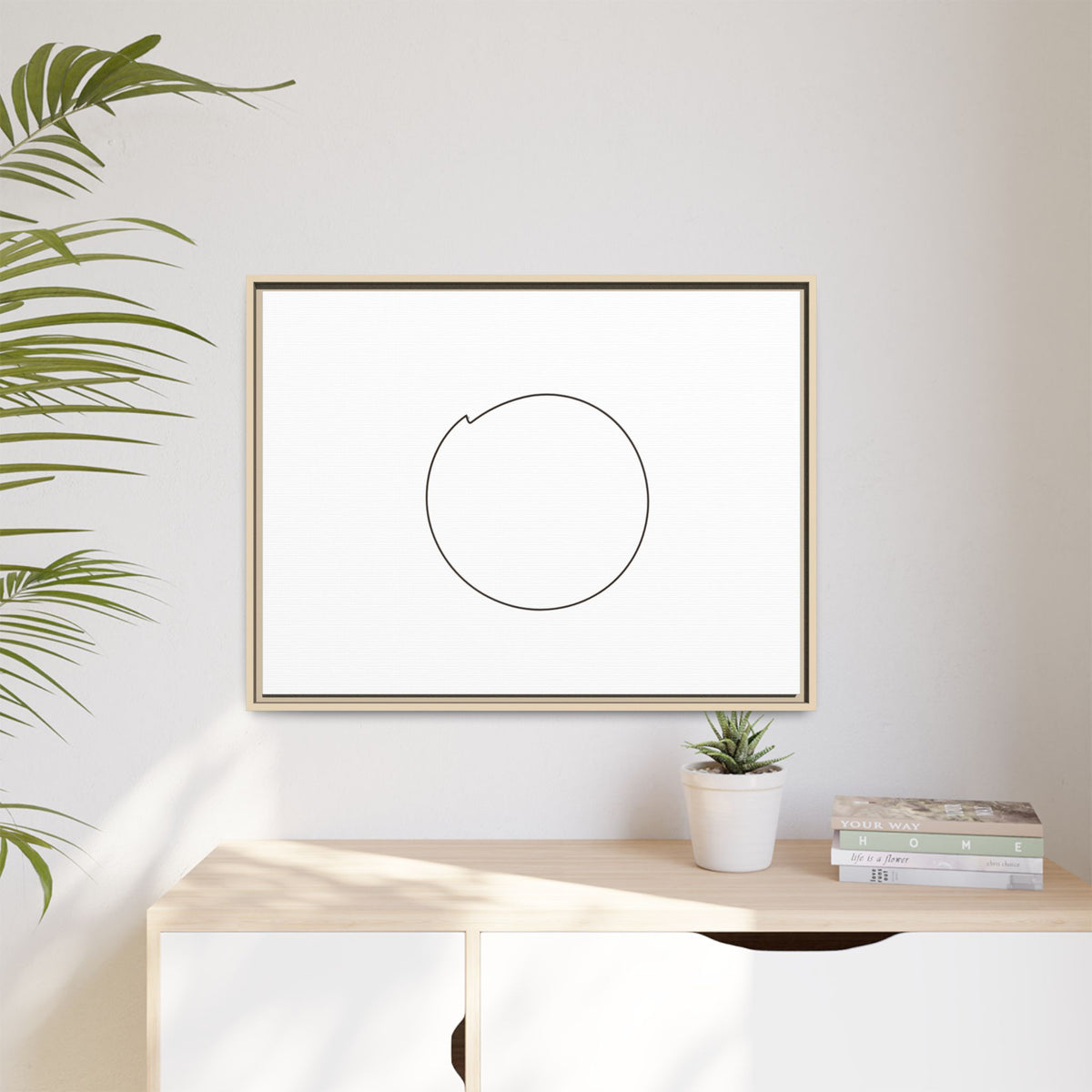 Framed matte canvas wall art featuring a minimal circular line design, showcasing modern, abstract artwork by Printify.