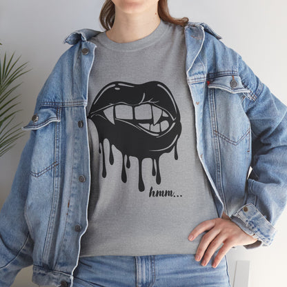 Black graphic t-shirt by Printify featuring dripping lips with a playful "hmm..." bite design on the front.