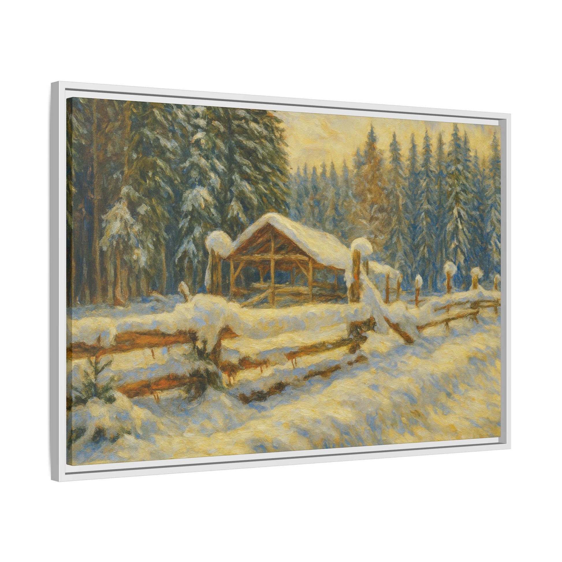 Snowy cabin winter landscape canvas wall art by Printify, featuring a cozy cabin scene in a snowy forest setting.