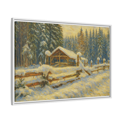 Snowy cabin winter landscape canvas wall art by Printify, featuring a cozy cabin scene in a snowy forest setting.