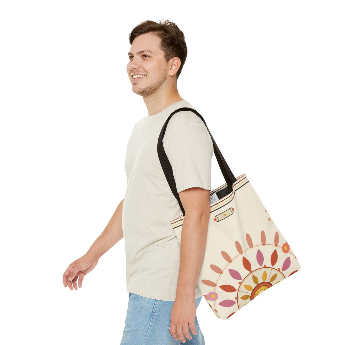 Boho floral mandala tote bag with pastel sunburst pattern, printed by Printify, showcasing vibrant colors and intricate design.
