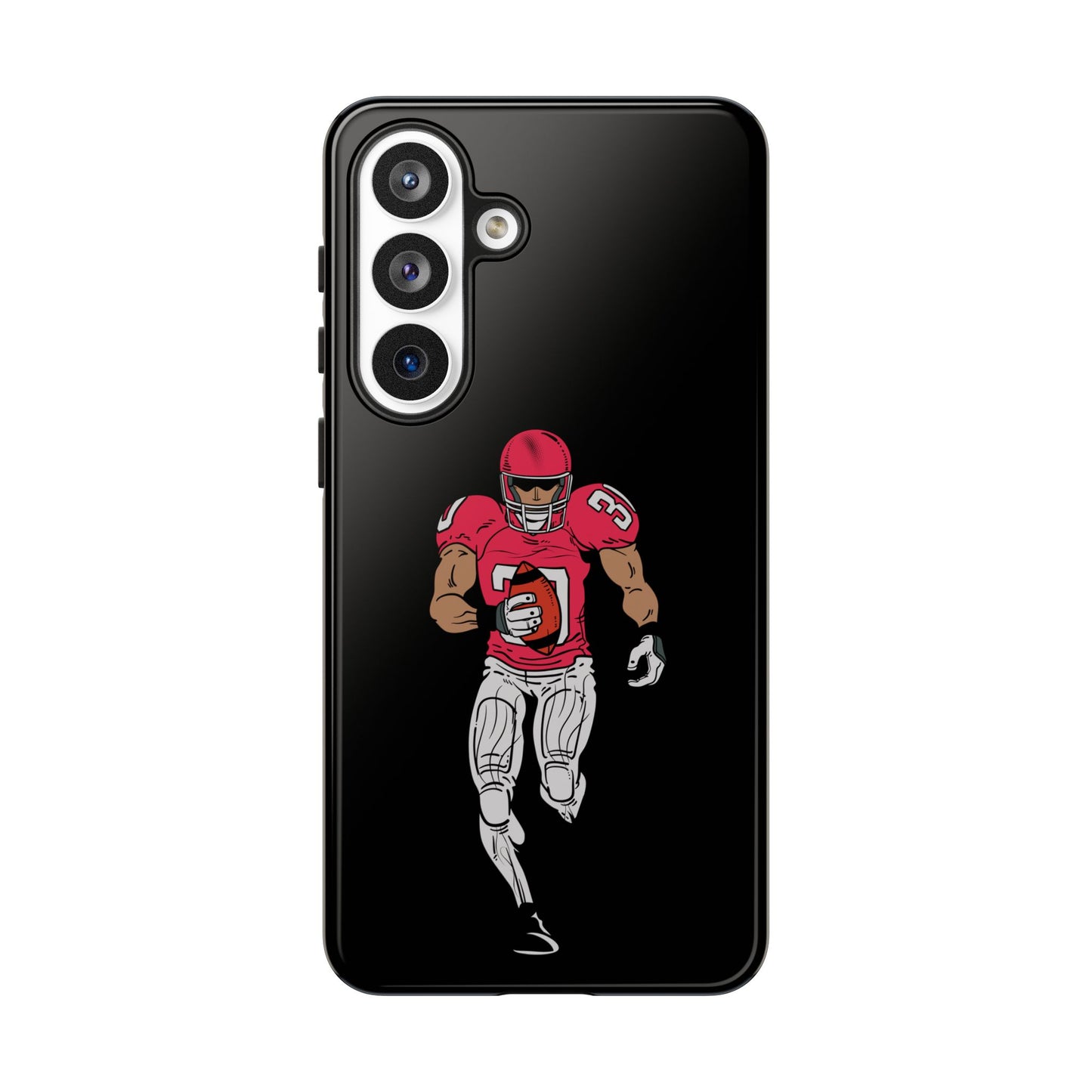 Black football player tough phone case for iPhone, protective sports design by Printify showing a football action scene.