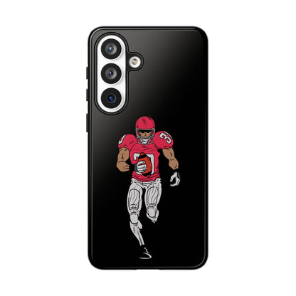 Black football player tough phone case for iPhone, protective sports design by Printify showing a football action scene.