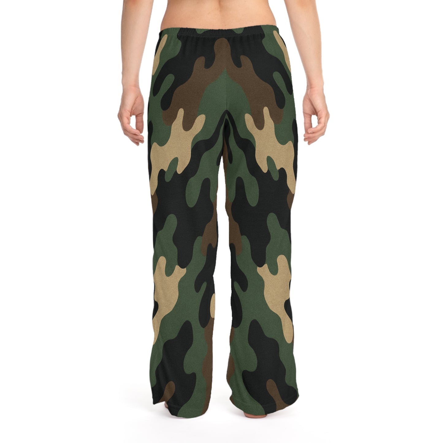 Women's camo print lounge pajama pants with wide-leg design, comfortable sleepwear by Printify, shown in all-over camouflage pattern.