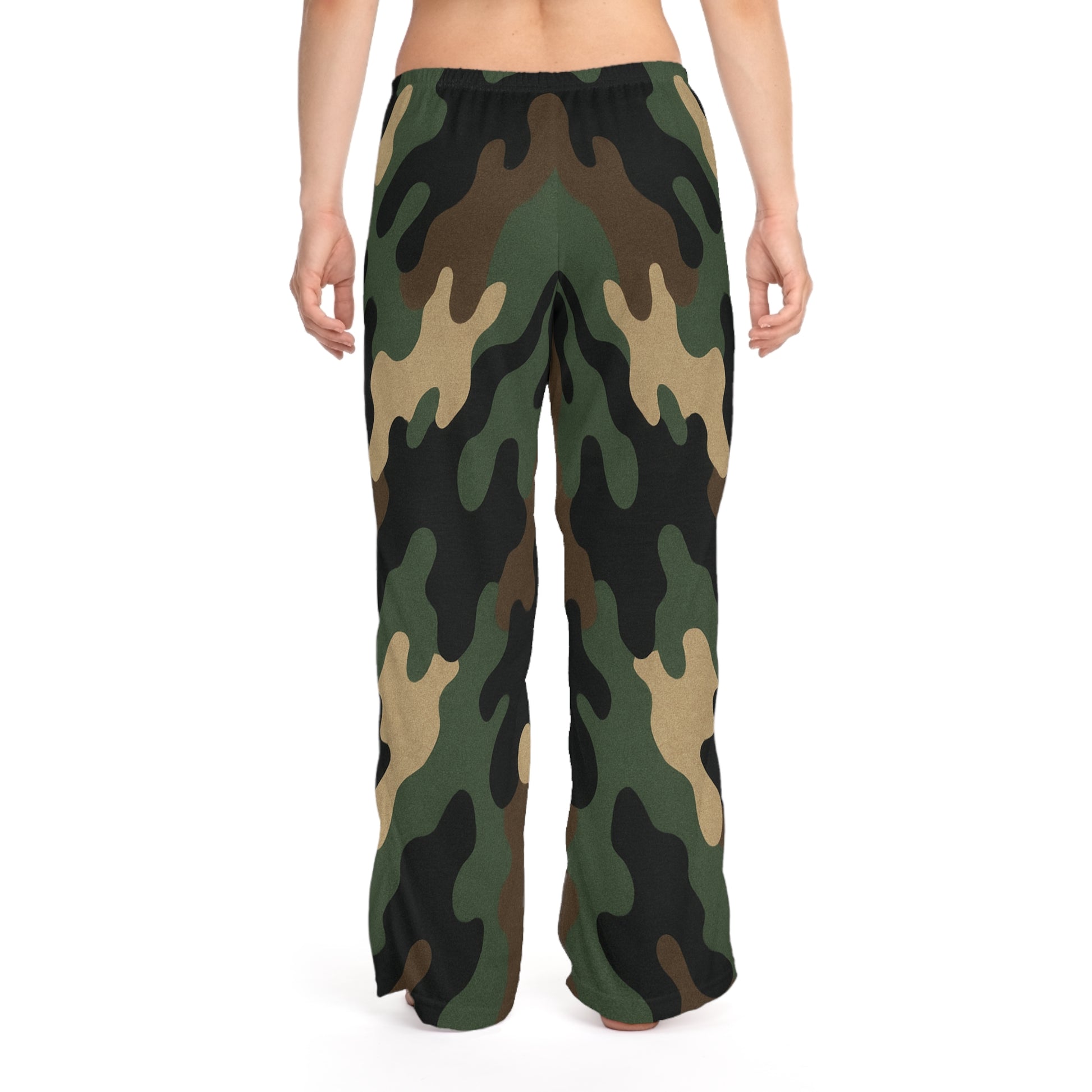 Women's camo print lounge pajama pants with wide-leg design, comfortable sleepwear by Printify, shown in all-over camouflage pattern.