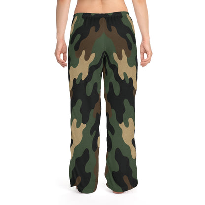 Women's camo print lounge pajama pants with wide-leg design, comfortable sleepwear by Printify, shown in all-over camouflage pattern.