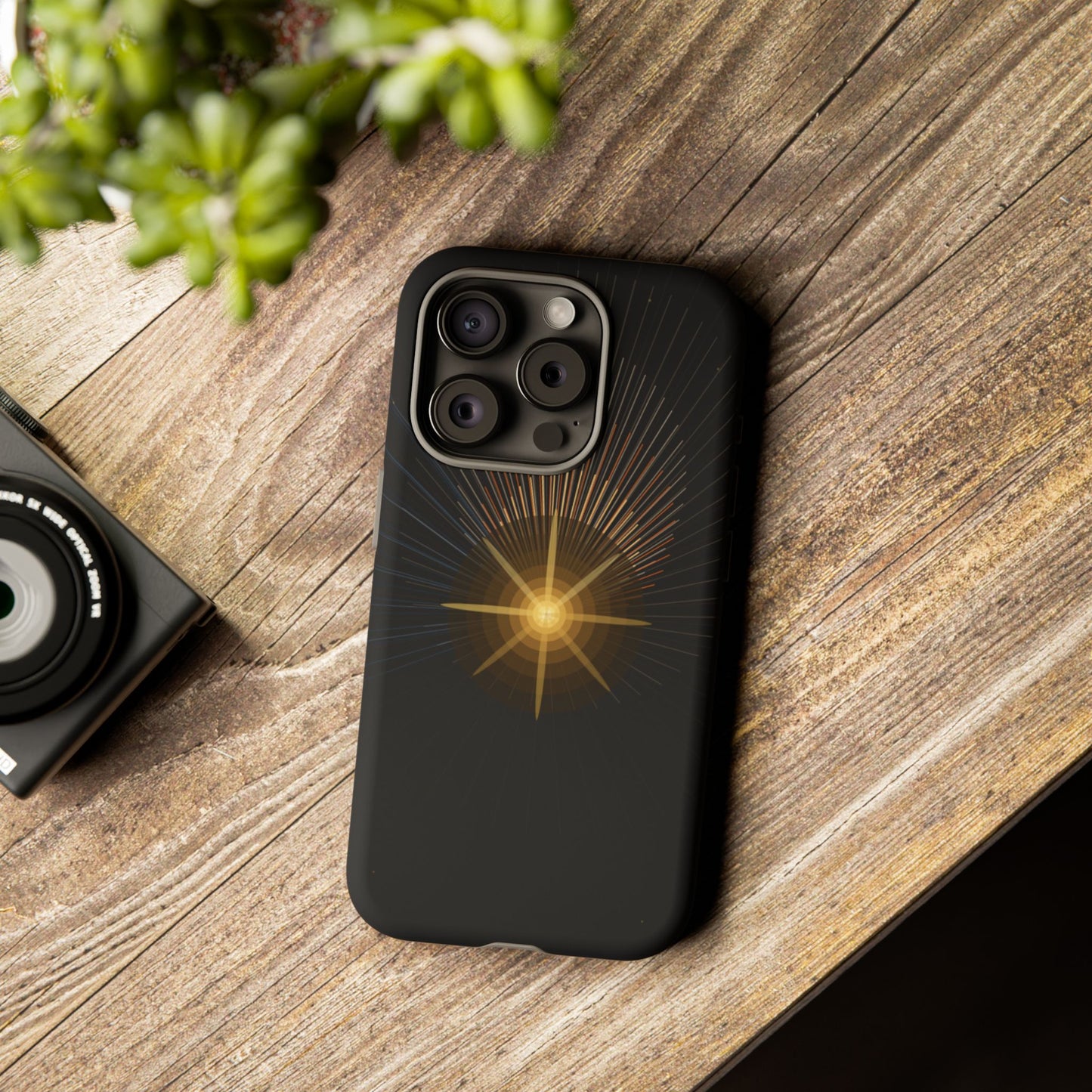 Tough Cases - Radiant Star Phone Case, Protective Black Shockproof Cover with Golden Light Design