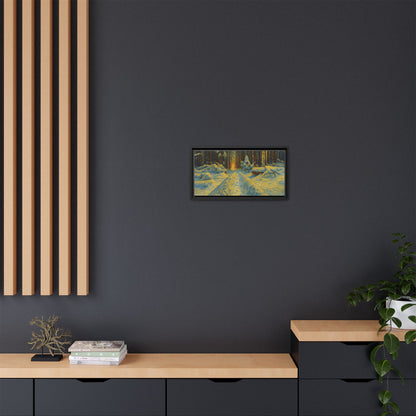 Framed matte canvas print of a snowy forest path at sunset, wall art by Printify with vibrant winter landscape imagery.