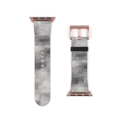 Gray watercolor camouflage Apple Watch band with neutral abstract design, made by Printify, as shown on the watch strap in the image.
