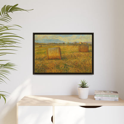 Rustic hayfield landscape print on framed matte canvas wall art by Printify, showcasing a peaceful rural scene