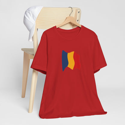 Romania flag T-shirt by Printify featuring a minimal waving tricolor design on a casual T-shirt.