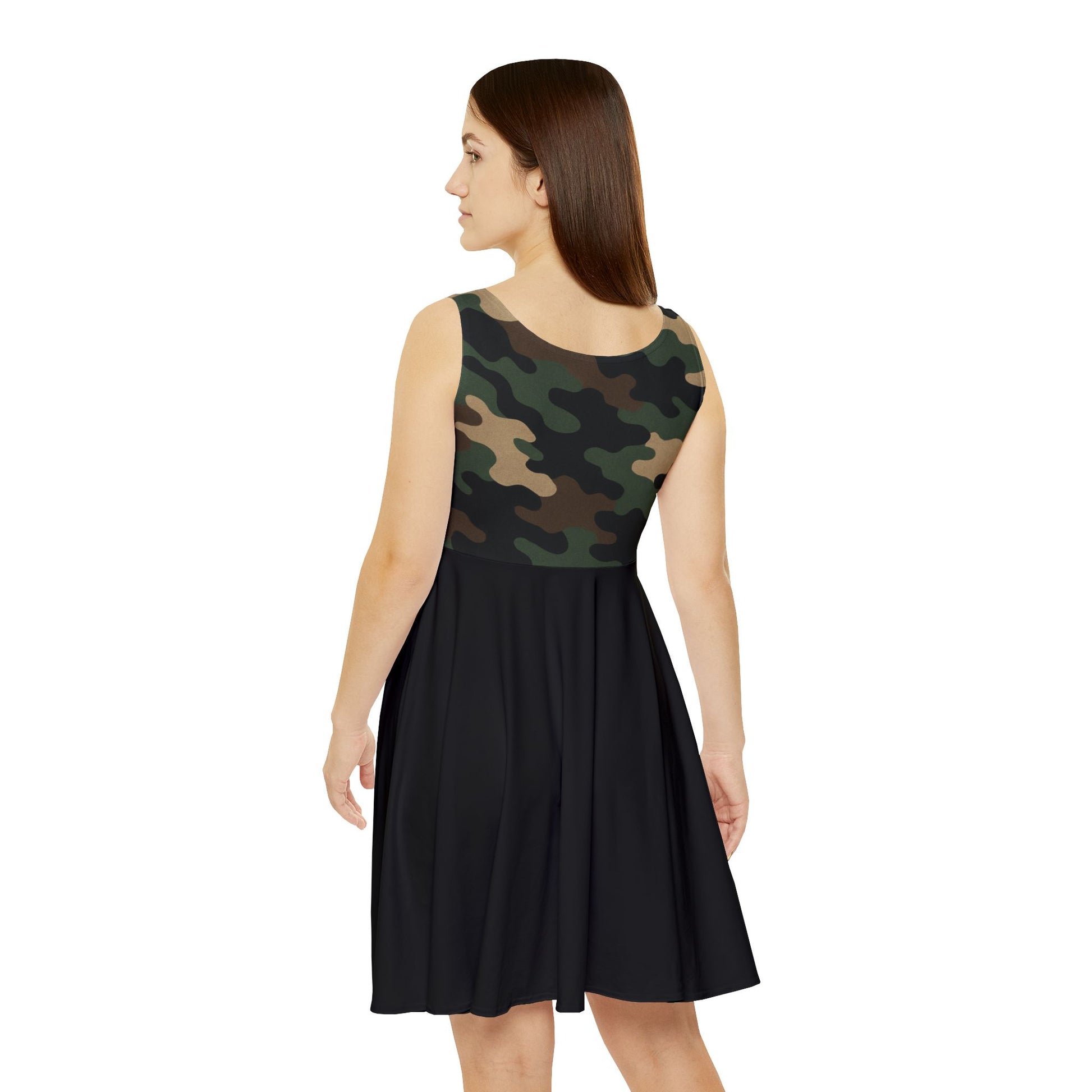Women's camo print skater dress featuring all-over camouflage pattern, perfect for casual summer style, by Printify.