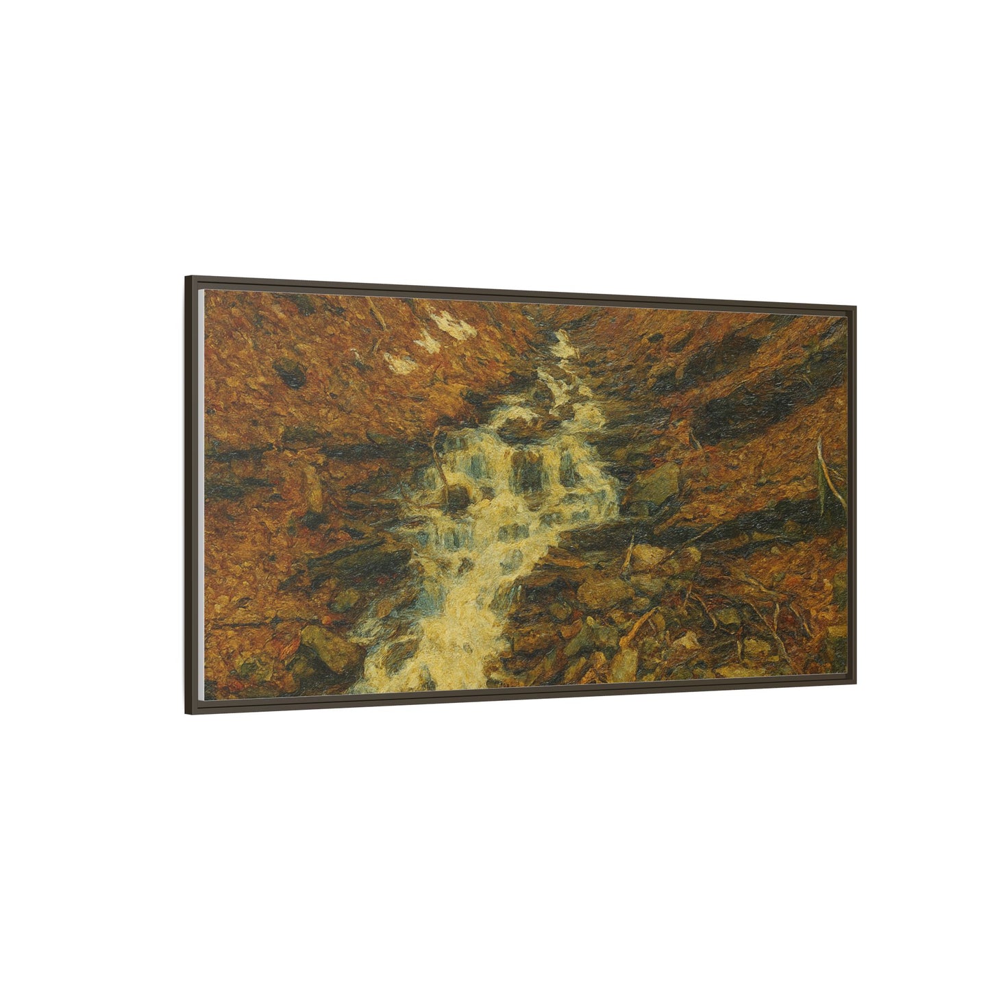 Framed matte canvas print of autumn stream landscape artwork by Printify, featuring vibrant fall colors and serene nature scene.