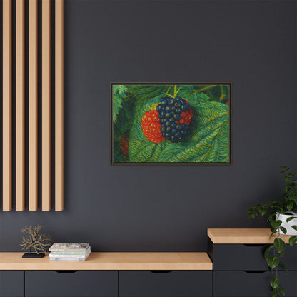 Blackberry still life framed canvas print by Printify, featuring a vibrant depiction of ripe blackberries in a natural setting