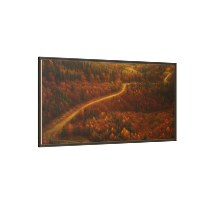 Framed matte canvas print of an autumn forest road landscape, featuring vibrant fall foliage and a tranquil nature scene by Printify.