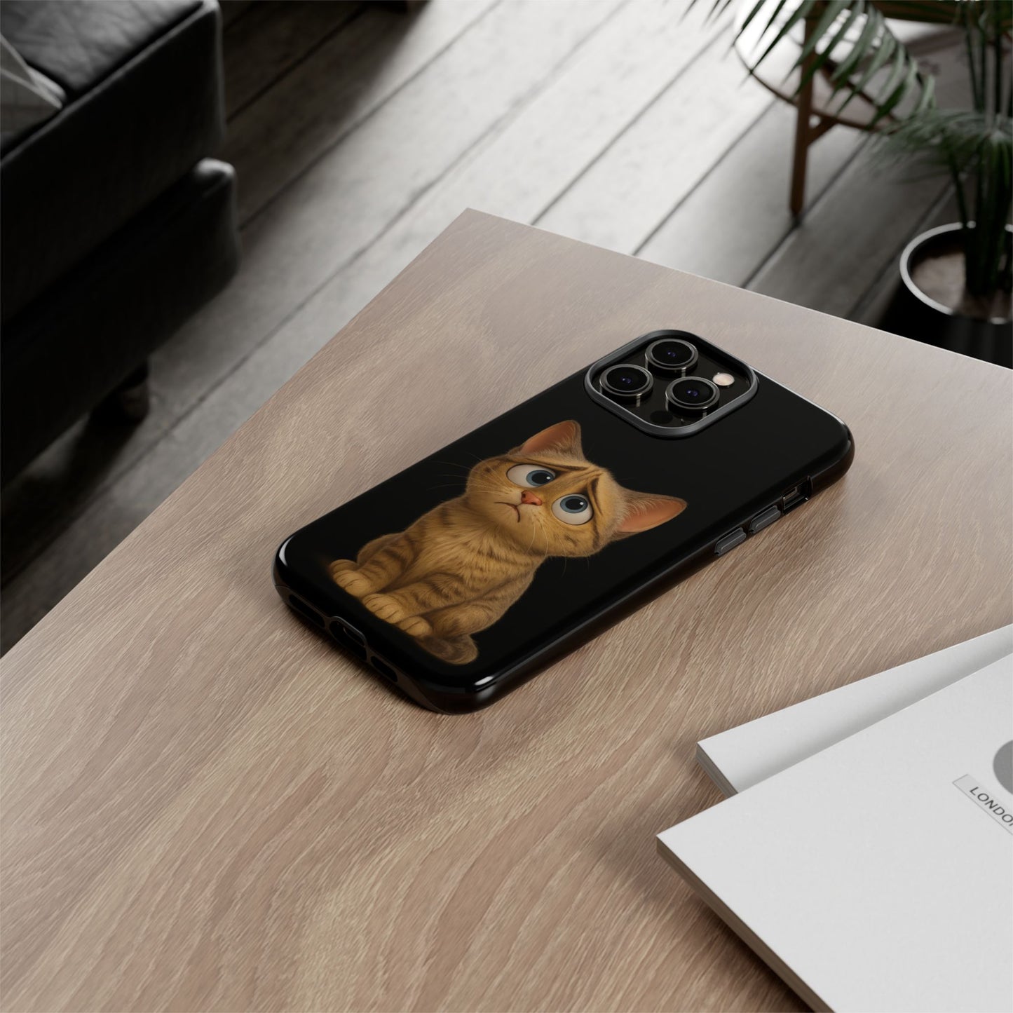 Cute sad kitty print phone case for iPhone, protective and stylish, by Printify, featuring a sad kitten design.