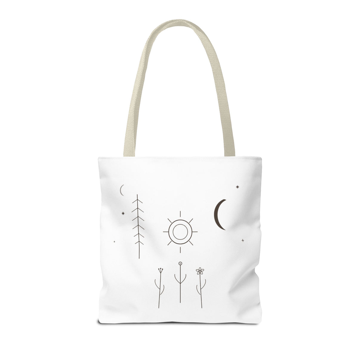 Minimal moon and sun botanical tote bag with celestial line art design, made by Printify, showcasing eco-friendly tote with celestial motif.