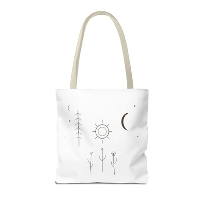 Minimal moon and sun botanical tote bag with celestial line art design, made by Printify, showcasing eco-friendly tote with celestial motif.