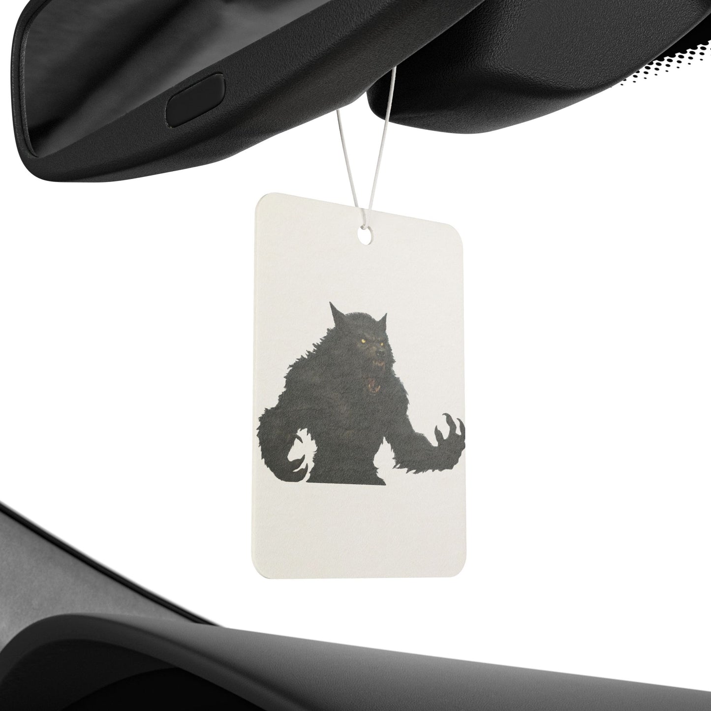 Printify Werewolf Car Air Freshener accessory featuring a spooky Halloween design, scented and shaped like a werewolf for car decor.