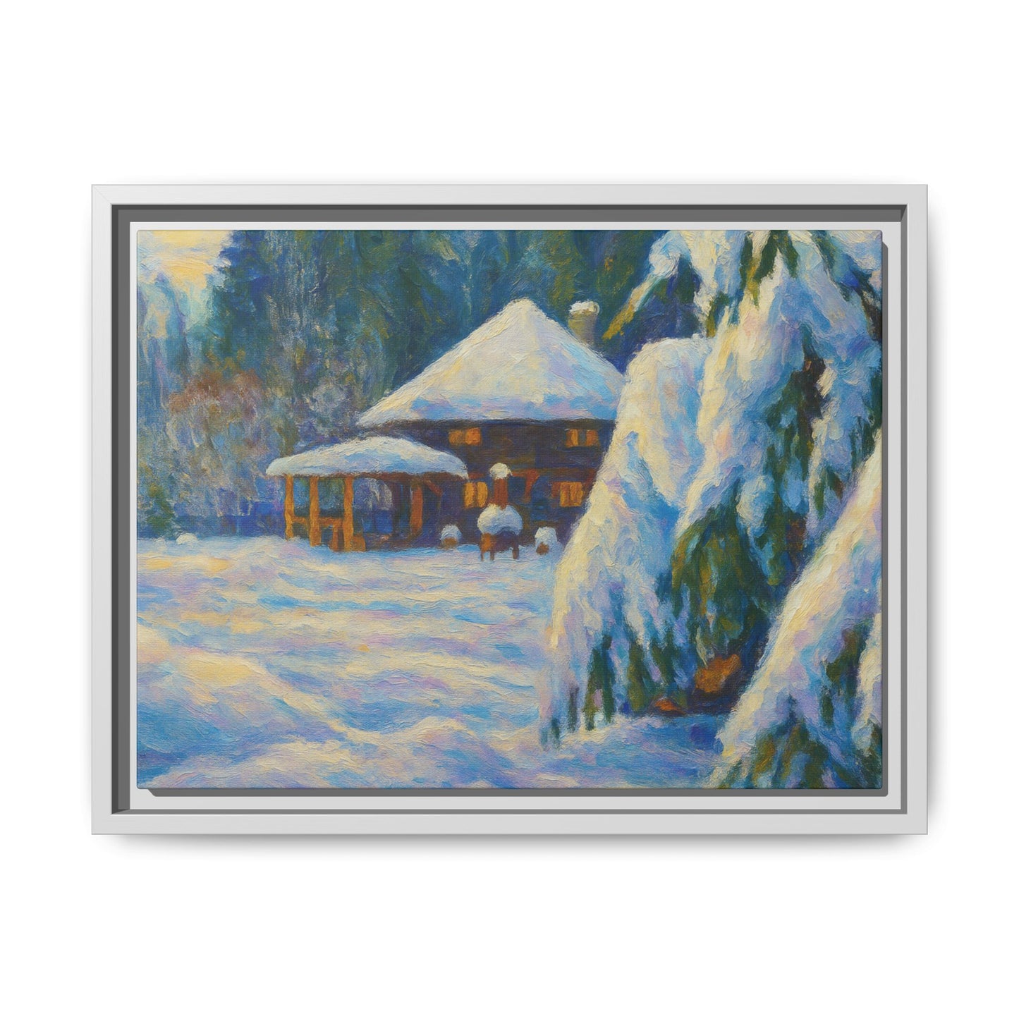 Framed matte canvas wall art featuring a snowy cabin winter landscape with trees and a peaceful winter scene.