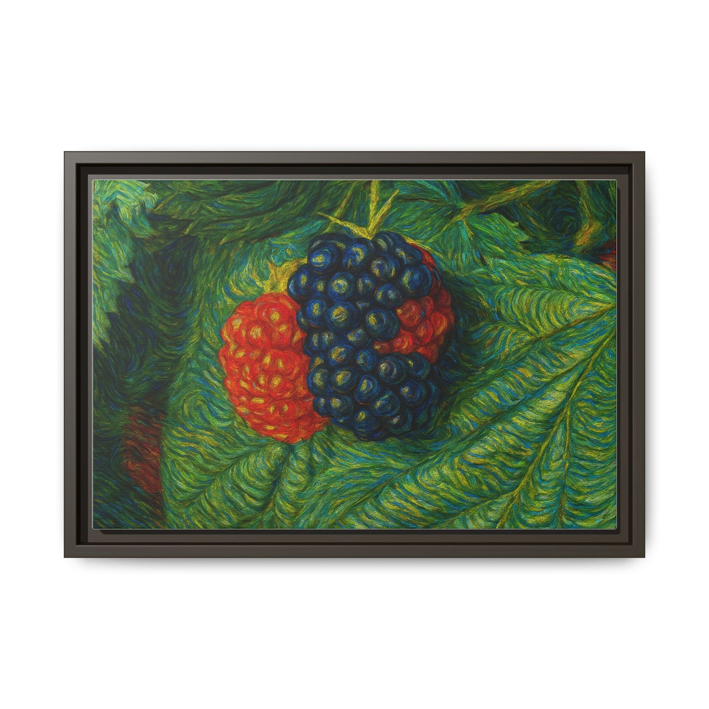 Blackberry still life framed canvas print by Printify, featuring realistic blackberries in a detailed botanical artwork.