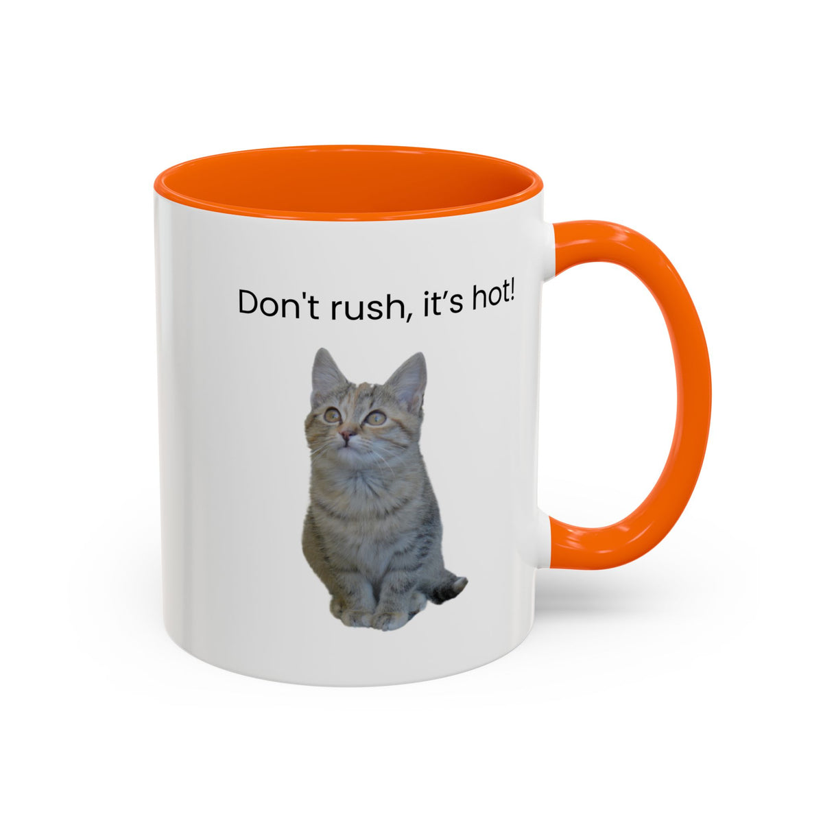 Ceramic cat coffee mug with "Don't rush, it's hot!" message in 11 oz size, featuring a playful design on a white background.
