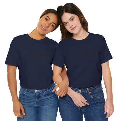 Vintage minimalist Est. 1999 T‑shirt by Printify featuring simple black text on a classic crew neck tee.