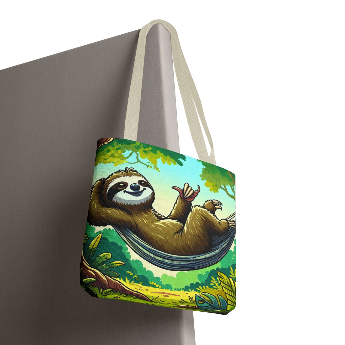 Cute eco-friendly sloth tote bag with animal design, ideal for eco-conscious animal lovers, made by Printify.