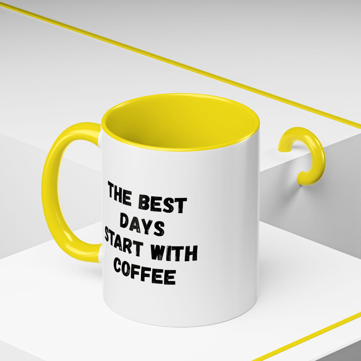 Ceramic coffee mug with "The Best Days Start With Coffee" text, 11oz size, white with black lettering, by Printify.