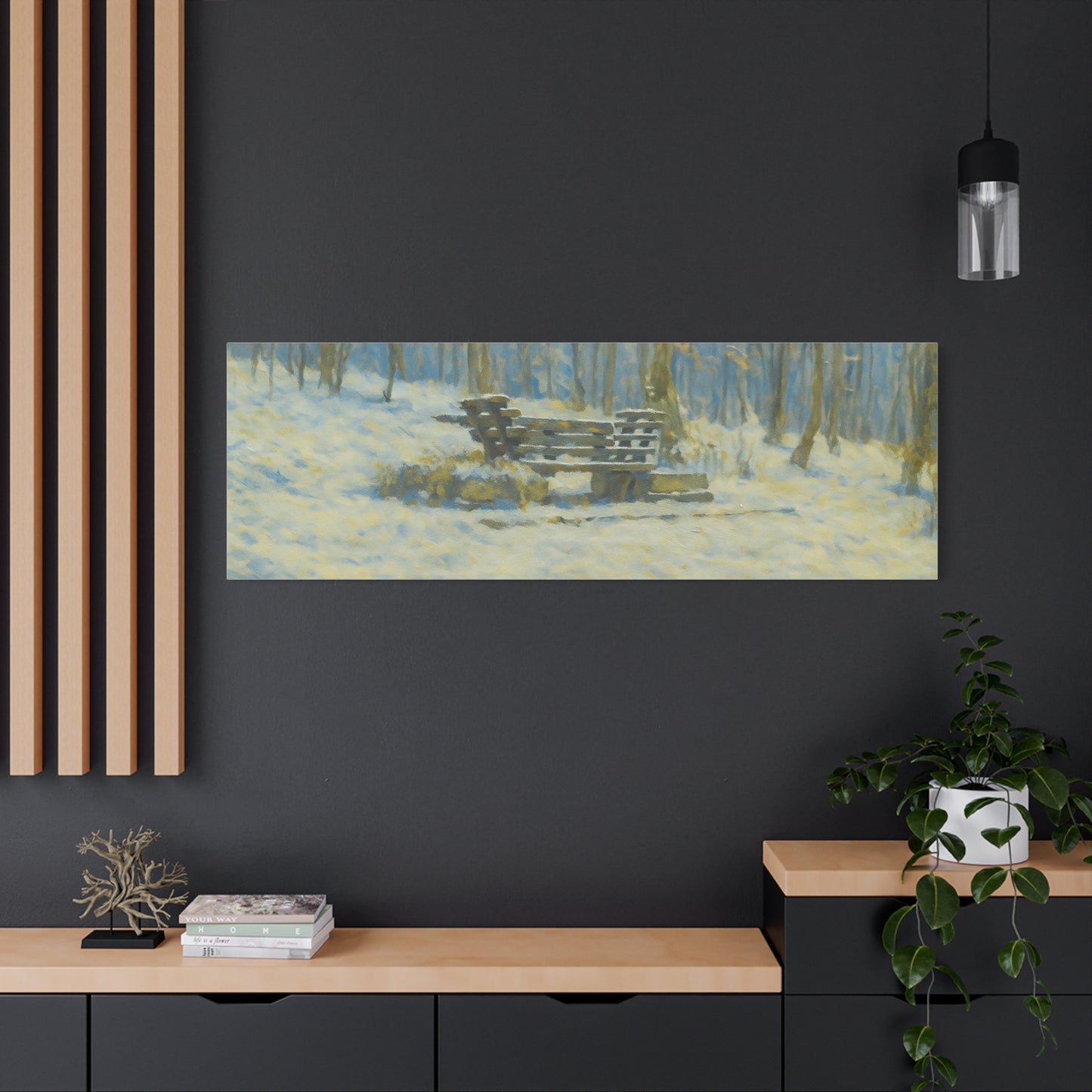 Winter woodland scene on snowy park bench matte canvas print, stretched 1.25 inches, by Printify, ideal for winter-themed wall art.