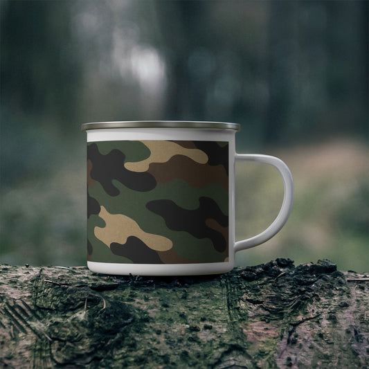 Camo enamel camping mug with Printify branding, featuring a rugged camouflage design perfect for outdoor use