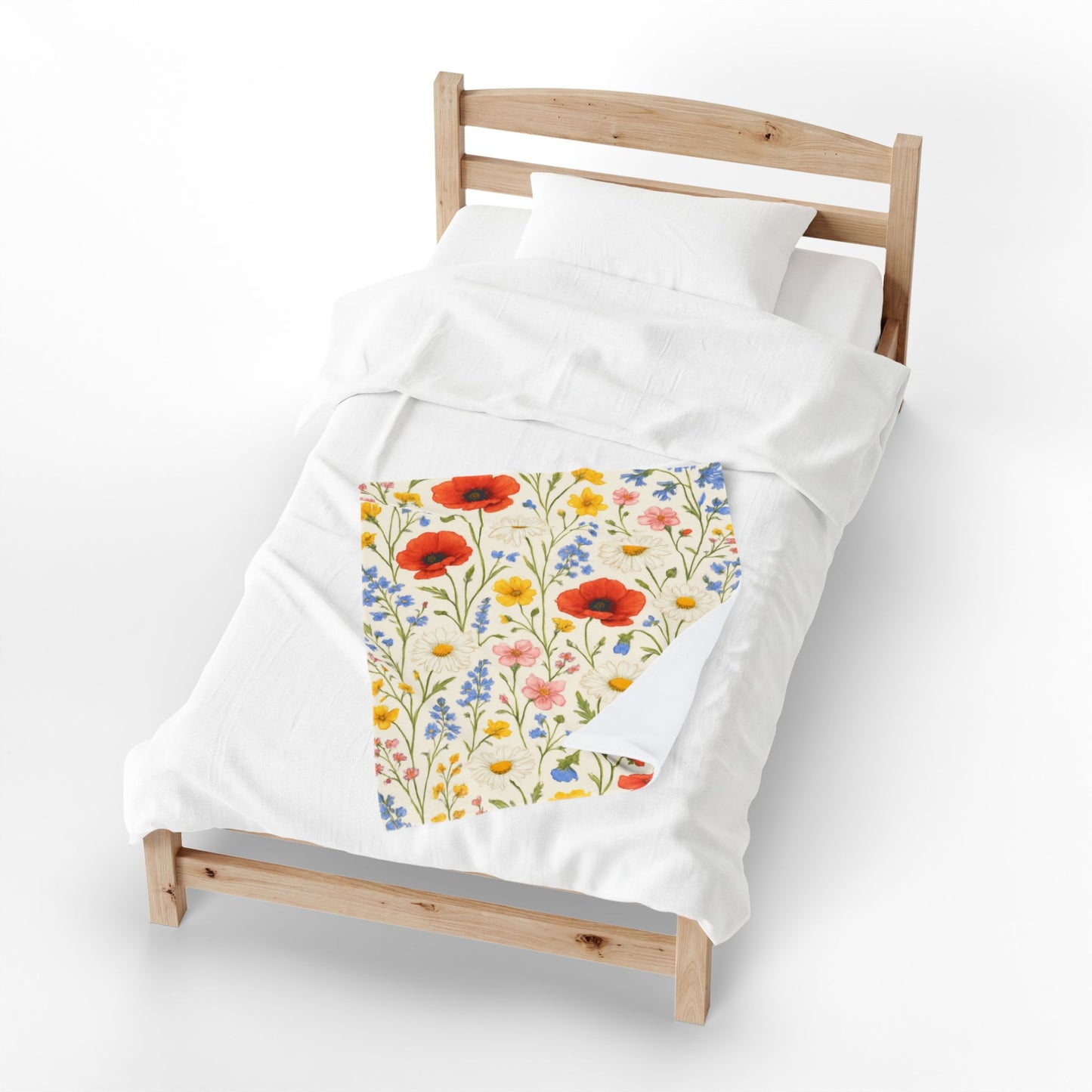 Velveteen plush blanket with all-over poppy daisy floral print, Wildflower Meadow design by Printify.