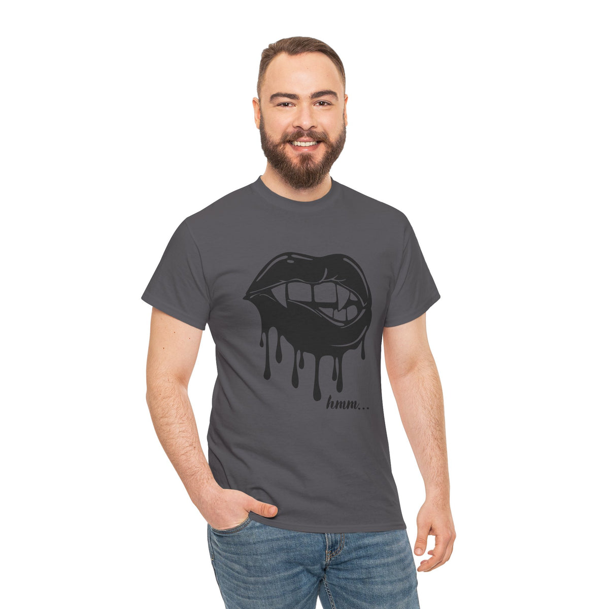 Graphic T-shirt featuring dripping lips and 'hmm...' bite design, printed by Printify, showcasing bold, artistic mouth illustration.