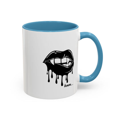 Black accent Dripping Bite coffee mug by Printify, 11oz or 15oz, with a unique dripping bite design on a ceramic mug.