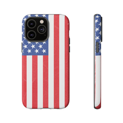 American flag tough phone case for iPhone and Samsung, patriotic protective cover with bold flag design by Printify.