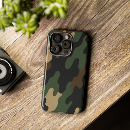Military green Camo Tough Phone Case by Printify, rugged protective cover with camouflage pattern for smartphones.