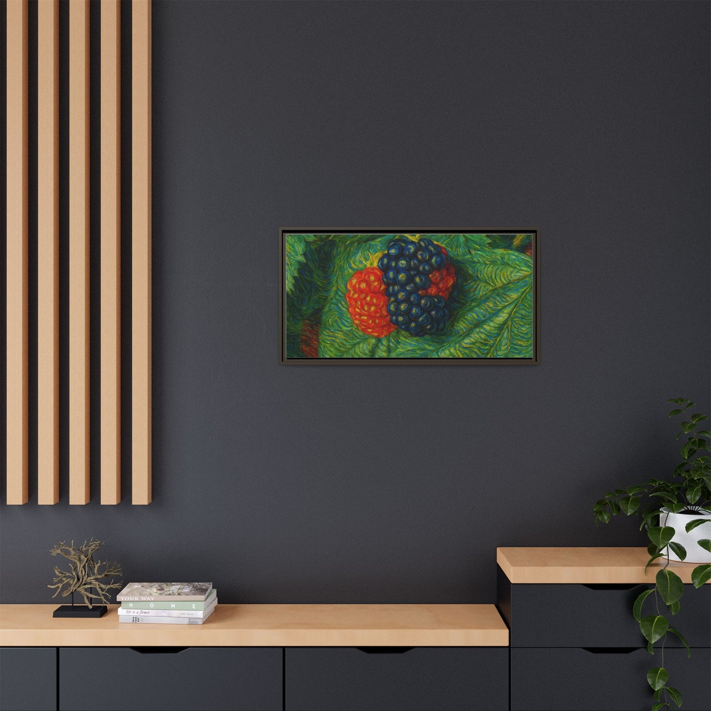 Blackberry still life canvas print by Printify, featuring a detailed botanical illustration framed on a wall.