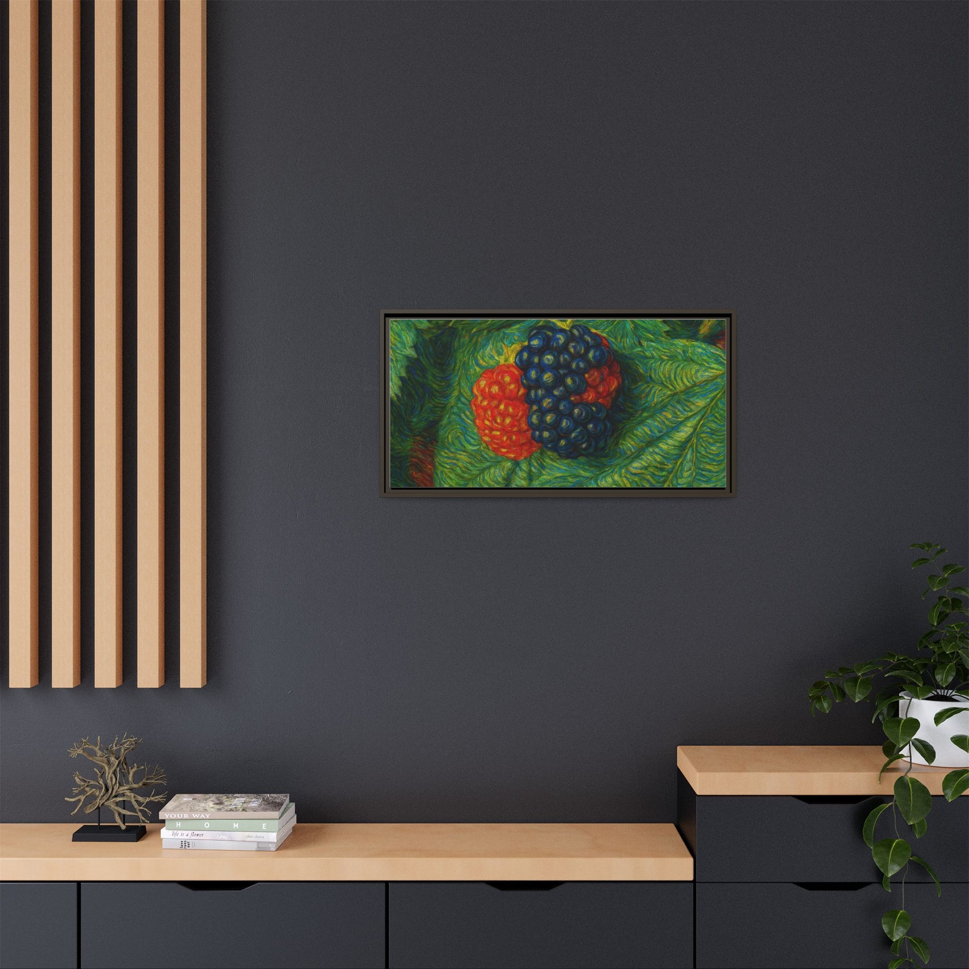 Blackberry still life canvas print by Printify, featuring a detailed botanical illustration framed on a wall.