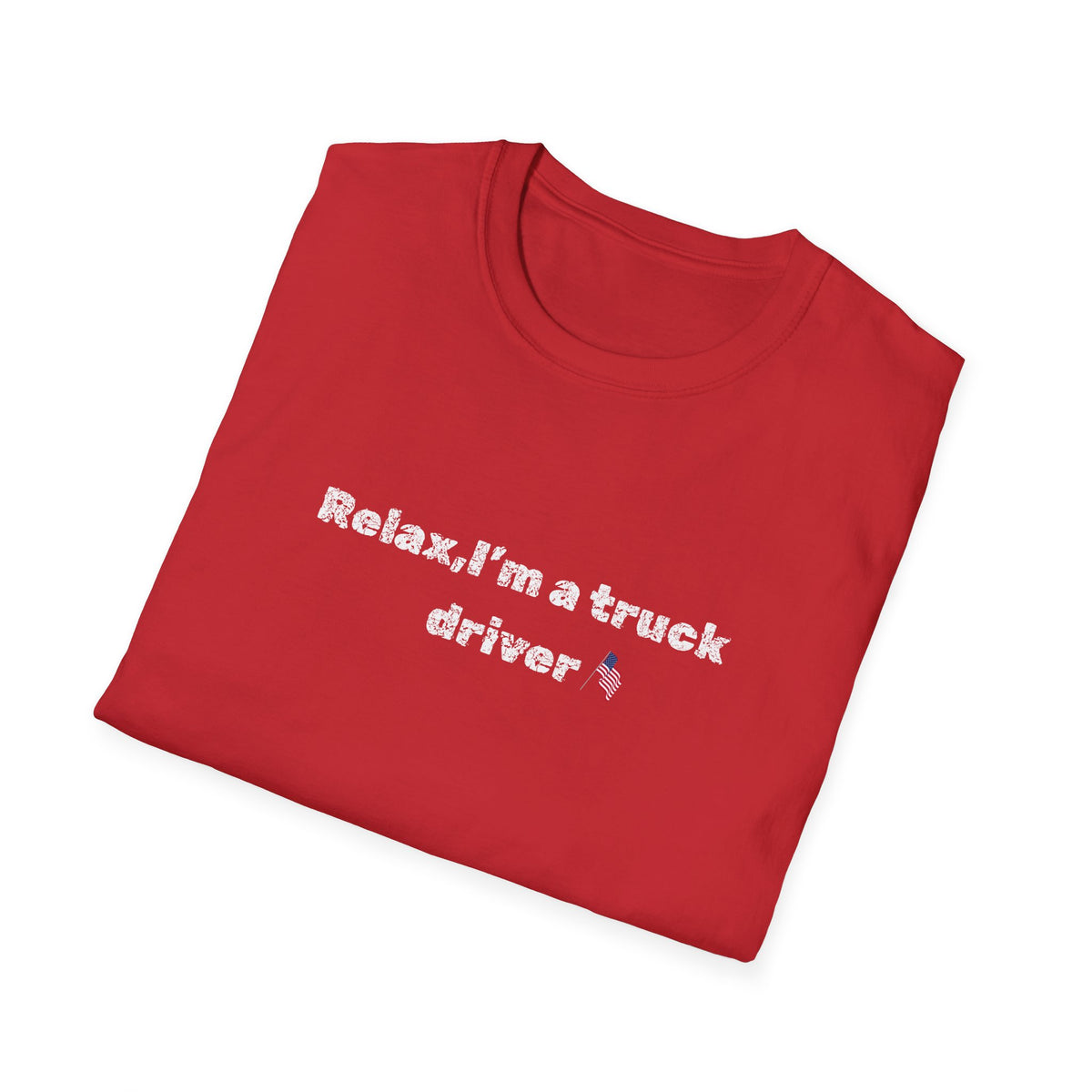 Pink heart graphic on a white "Relax, I'm a Truck Driver" T-shirt by Printify, featuring a humorous trucker slogan.