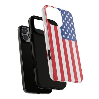 Durable American flag phone case for iPhone with patriotic design, made by Printify, featuring bold stars and stripes.