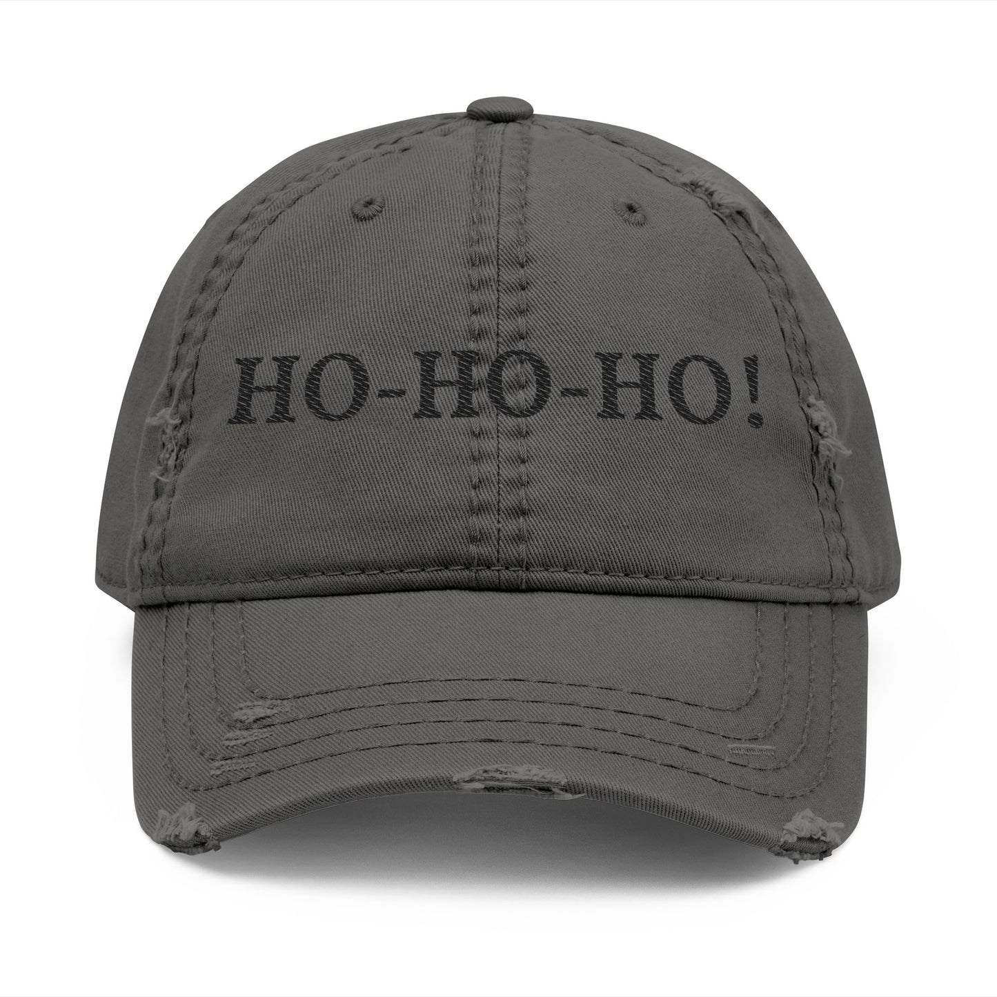 Distressed embroidered baseball hat with "HO-HO-HO" slogan, casual style, worn by a person, showing front view of the Printify hat.