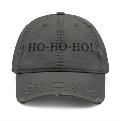 Distressed embroidered baseball hat with "HO-HO-HO" slogan, casual style, worn by a person, showing front view of the Printify hat.