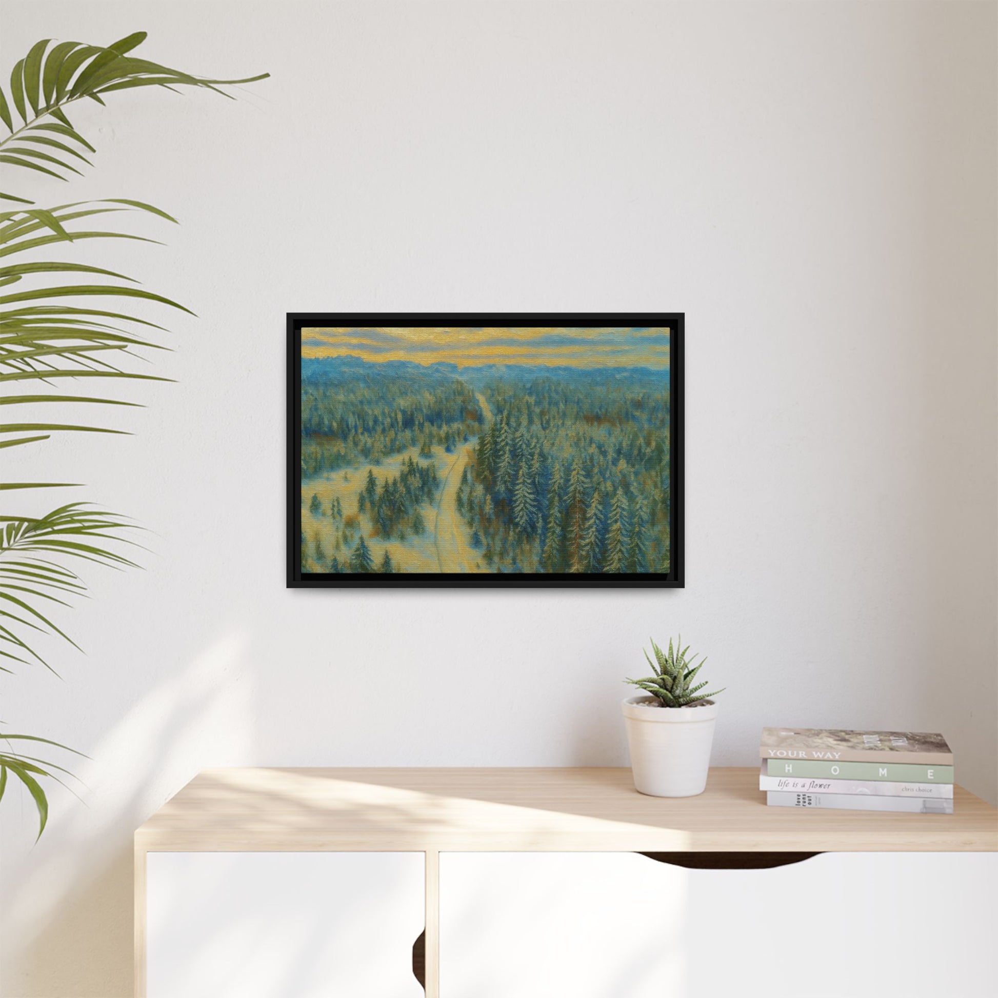 Framed matte canvas print of a serene winter forest landscape by Printify, showcasing snow-covered trees and peaceful scenery.